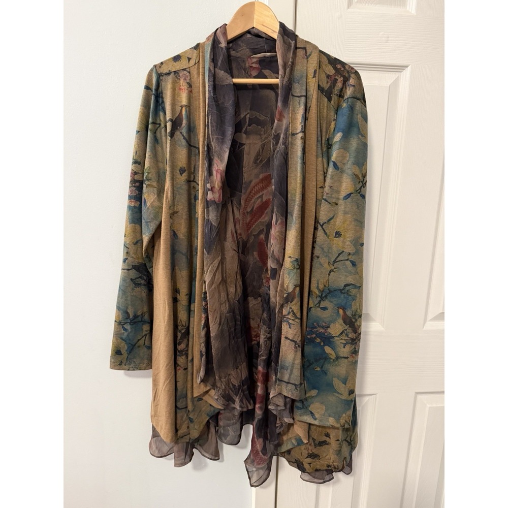 Soft Surroundings Floral Tea Garden Bird Topper Cardigan 2X Lagenlook Waterfall